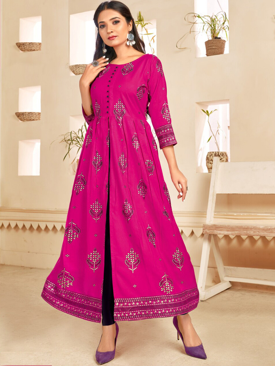 

Angroop Ethnic Motifs Printed Front Open A-Line Kurta, Pink
