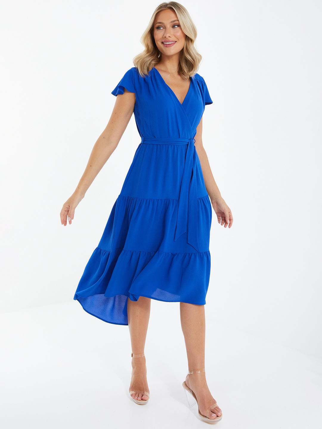 

QUIZ Blue V-Neck Flutter Sleeve Pleated Tiered Fit & Flare Midi Dress