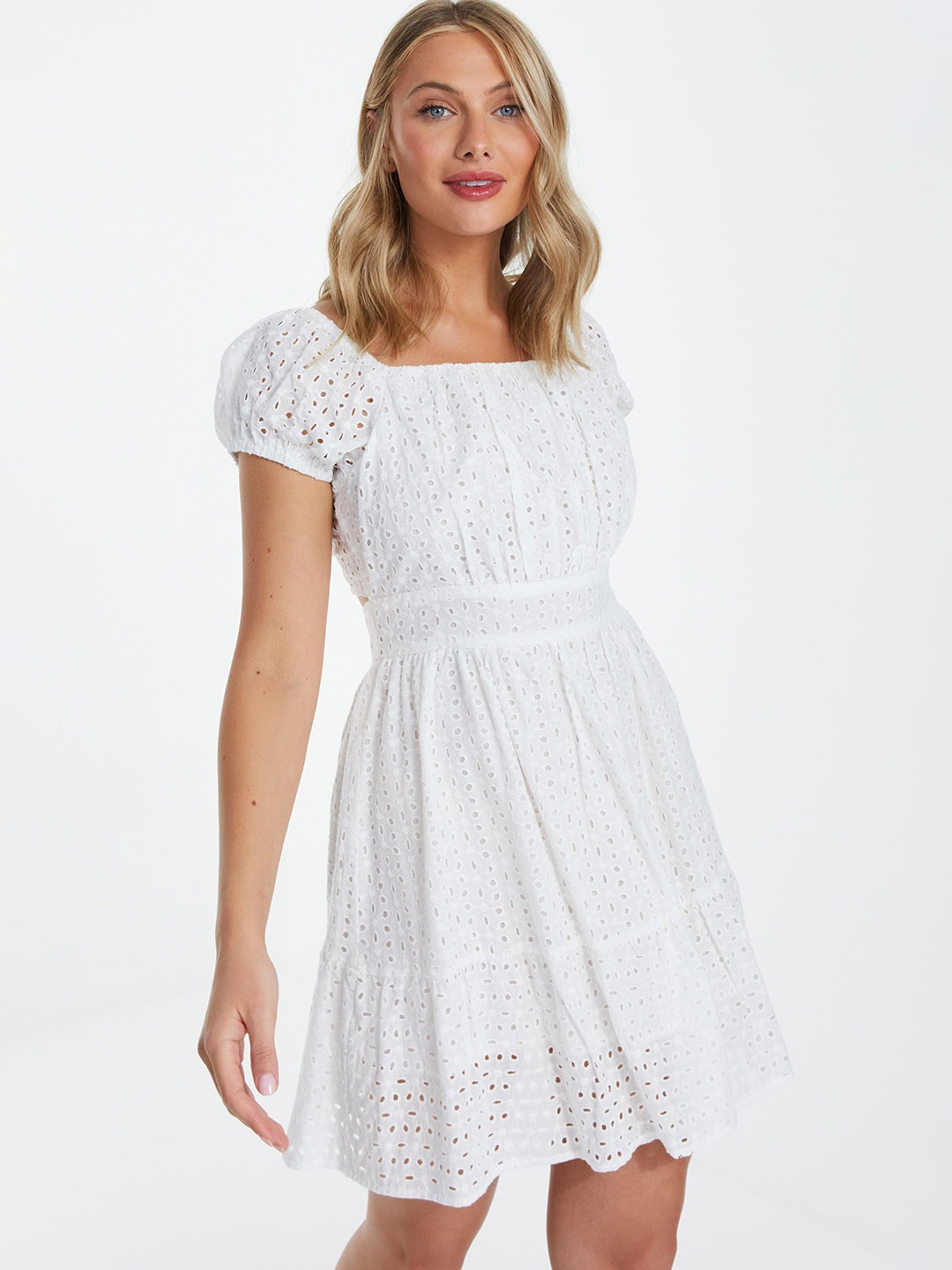 

QUIZ Schiffli Cut-Out Square Neck Cotton A-Line Dress, White