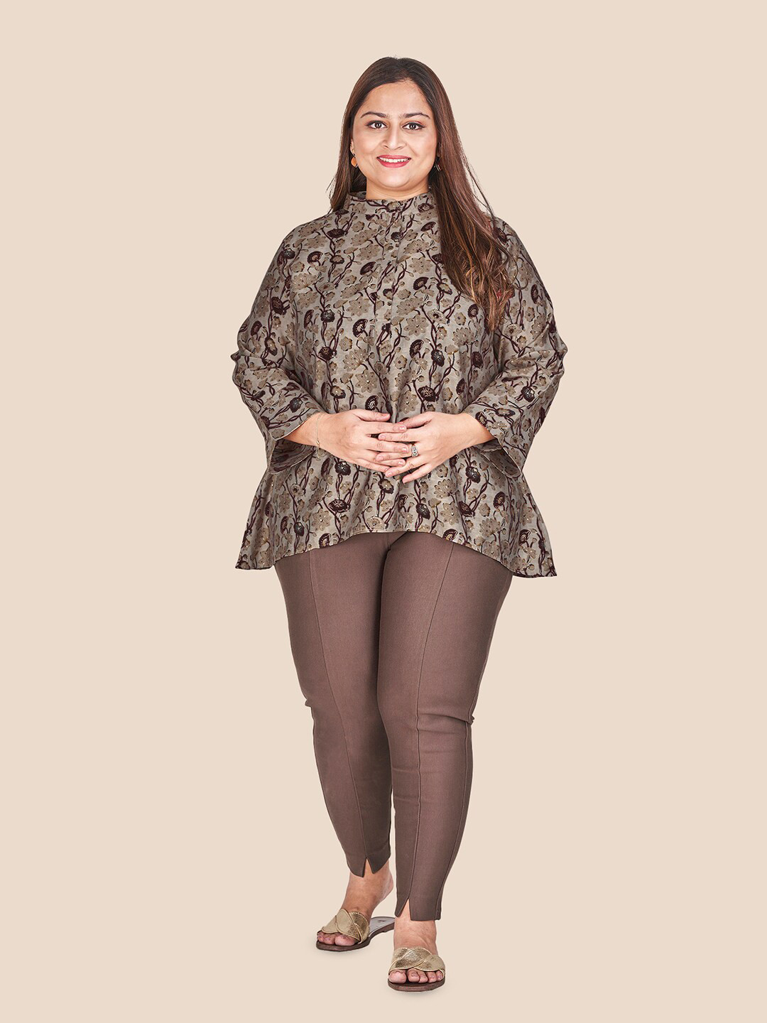 

Curvy Lane Floral Printed Mandarin Collar Longline A-Line Top, Brown