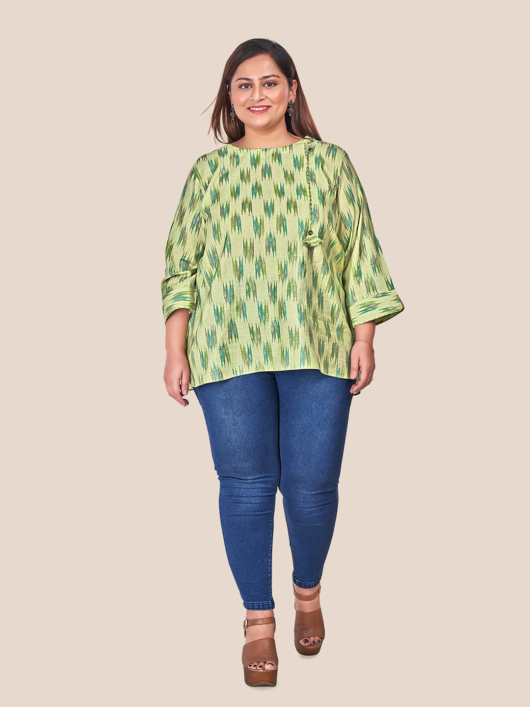

Curvy Lane Plus Size Ethnic Motifs Printed Modal Top, Green
