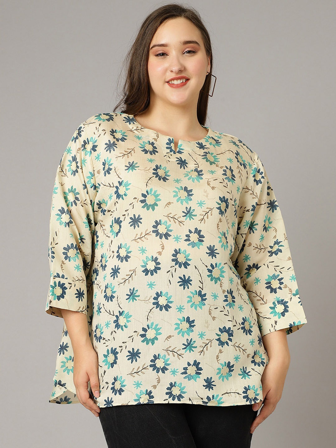 Curvy Lane Plus Size Floral Printed Top, Cream