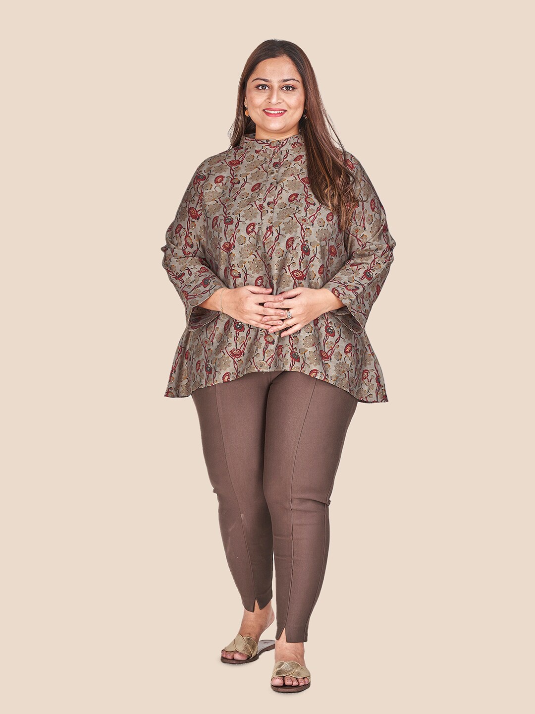 

Curvy Lane Plus Size Floral Printed A-Line Longline Top, Grey