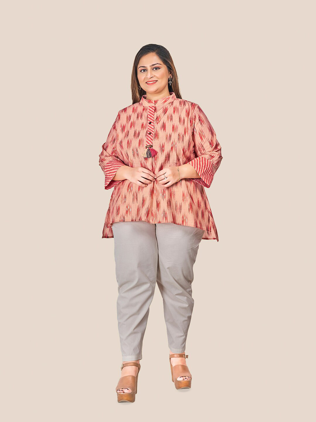 

Curvy Lane Plus Size Ethnic Motifs Printed Mandarin Collar A-Line Modal Top, Peach