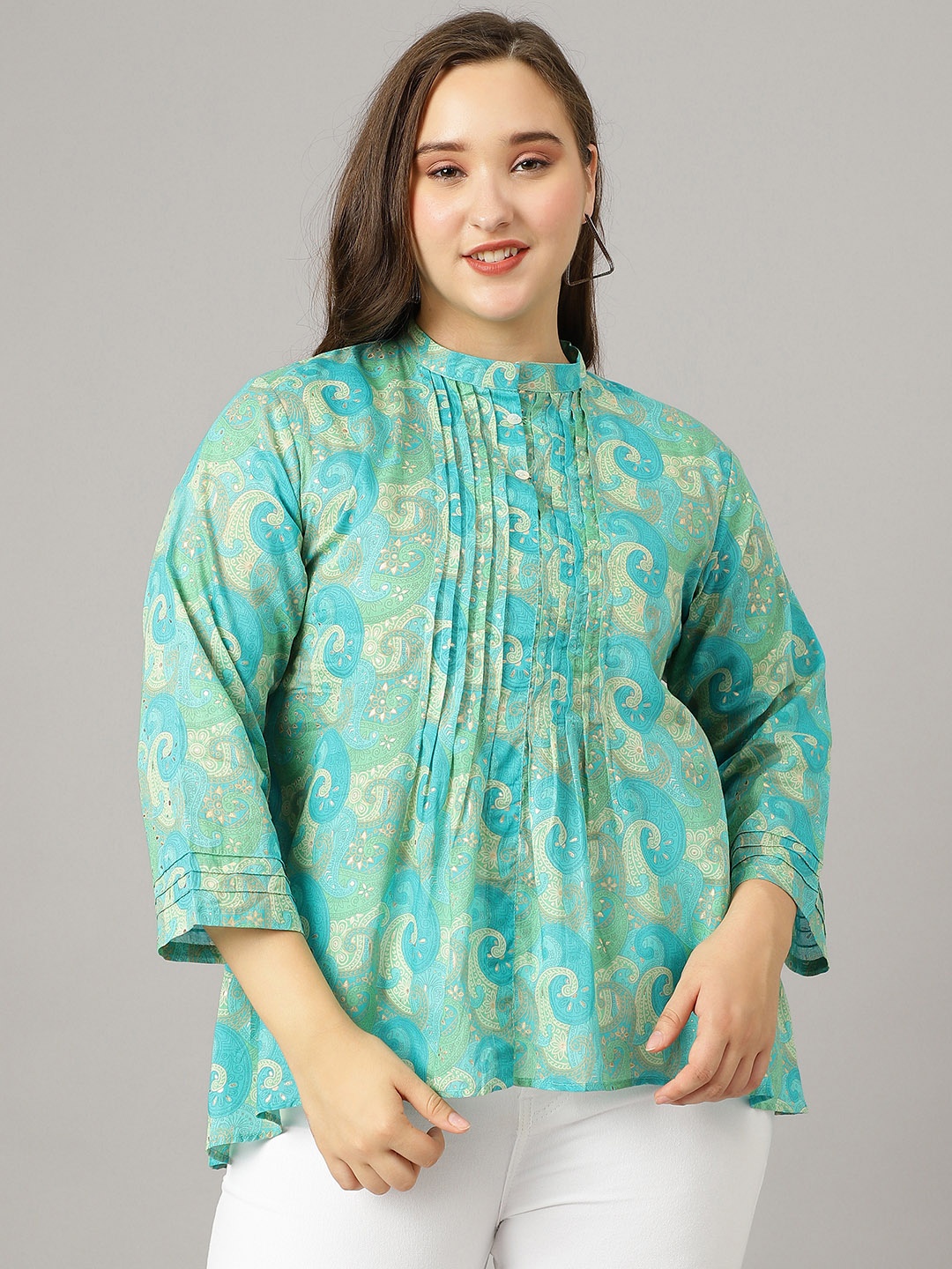 

Curvy Lane Plus Size Paisley Printed Mandarin Collar A-Line Cotton Top, Turquoise blue