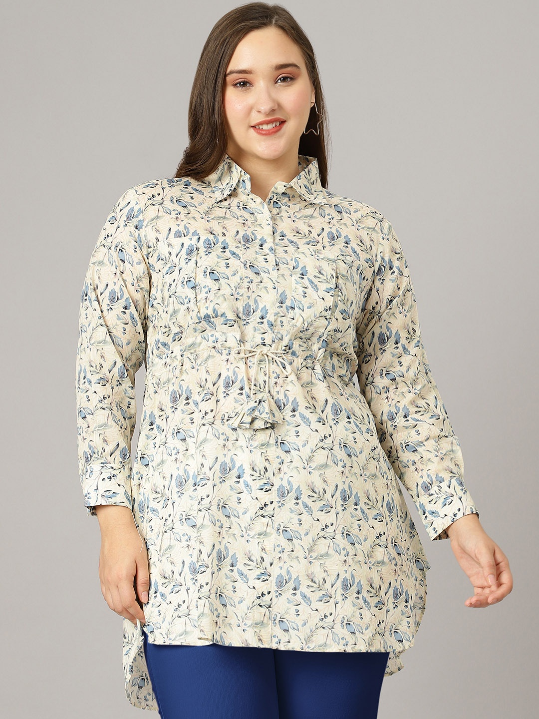 

Curvy Lane Plus Size Floral Printed Shirt Style Longline Modal Top, Cream