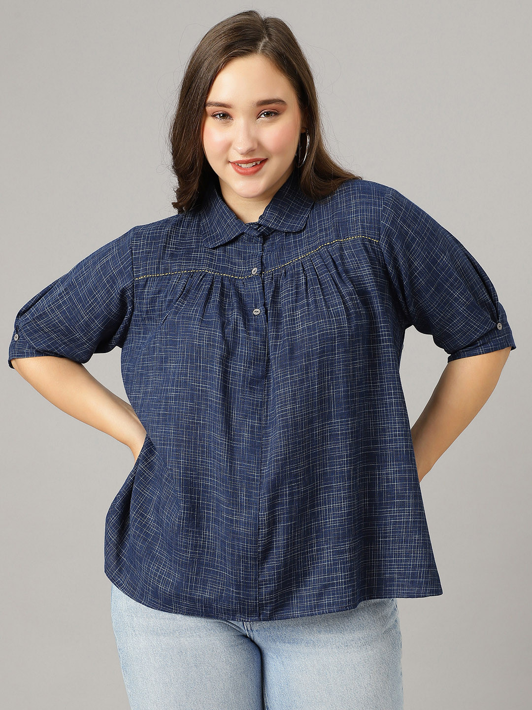 

Curvy Lane Plus Size Geometric Printed Shirt Collar Top, Blue