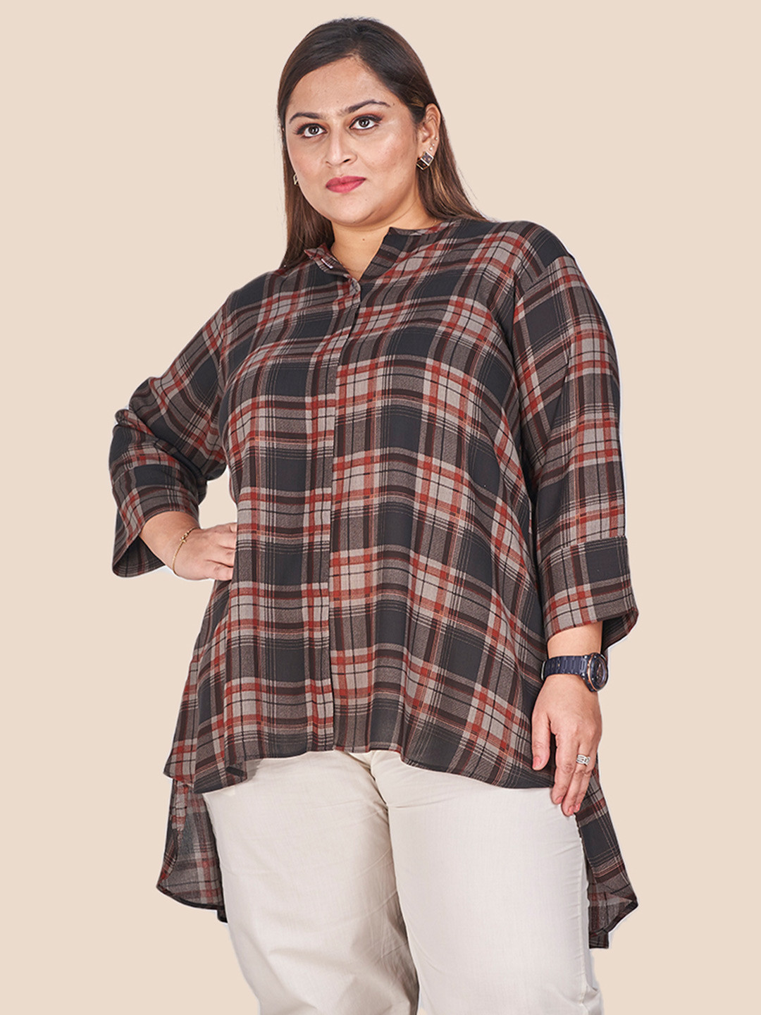 

Curvy Lane Plus Size Checked Mandarin Collar High-Low Longline Top, Brown