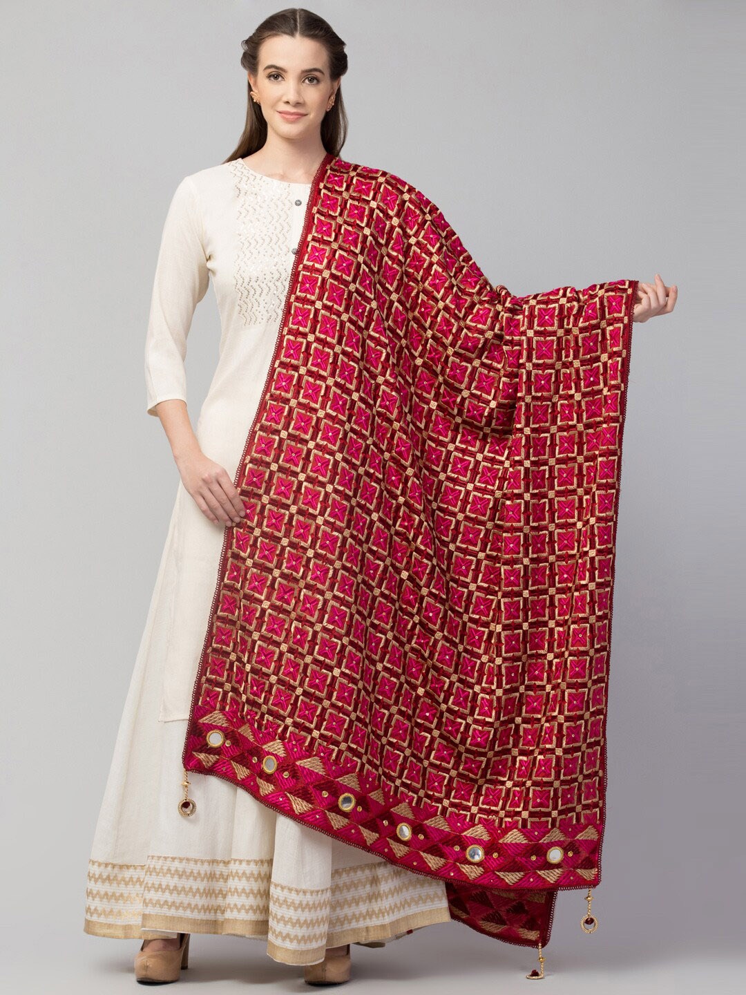

Tweedle Ethnic Motifs Embroidered Art Silk Dupatta With Phulkari, Maroon