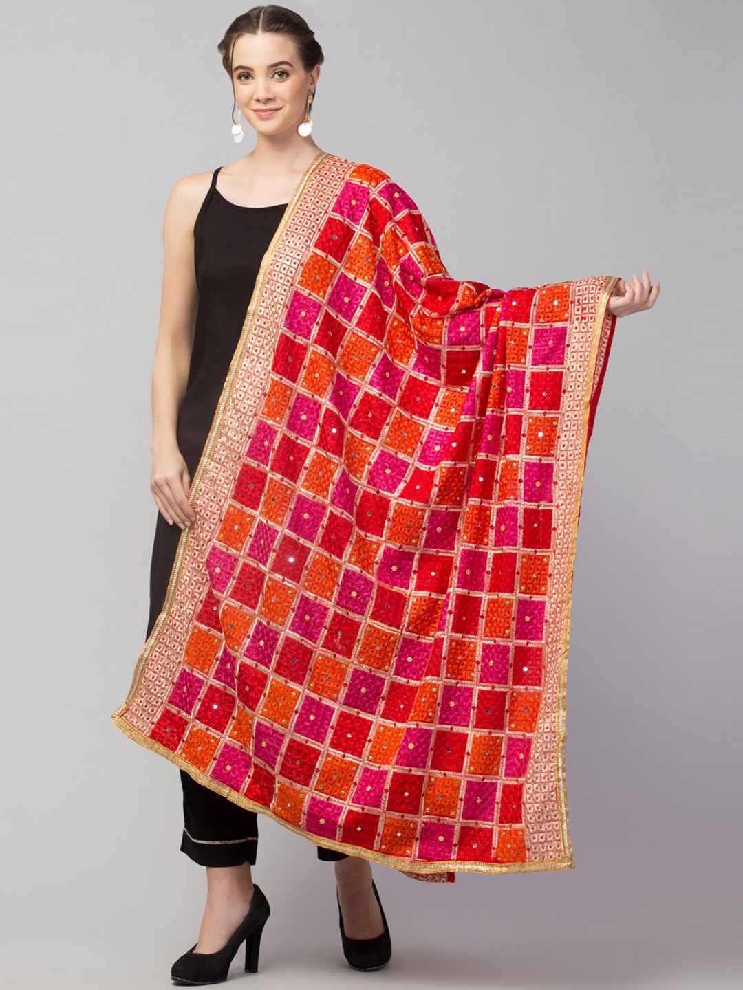 

Tweedle Ethnic Motifs Embroidered Art Silk Dupatta With Phulkari, Pink