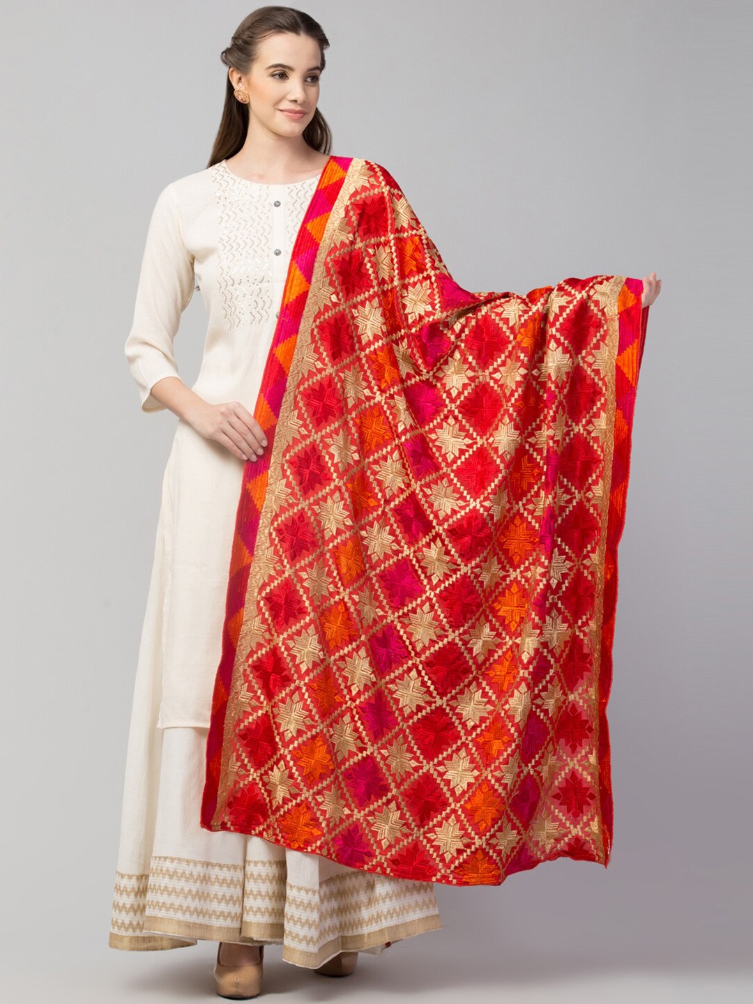 

Tweedle Ethnic Motifs Embroidered Dupatta with Phulkari, Red