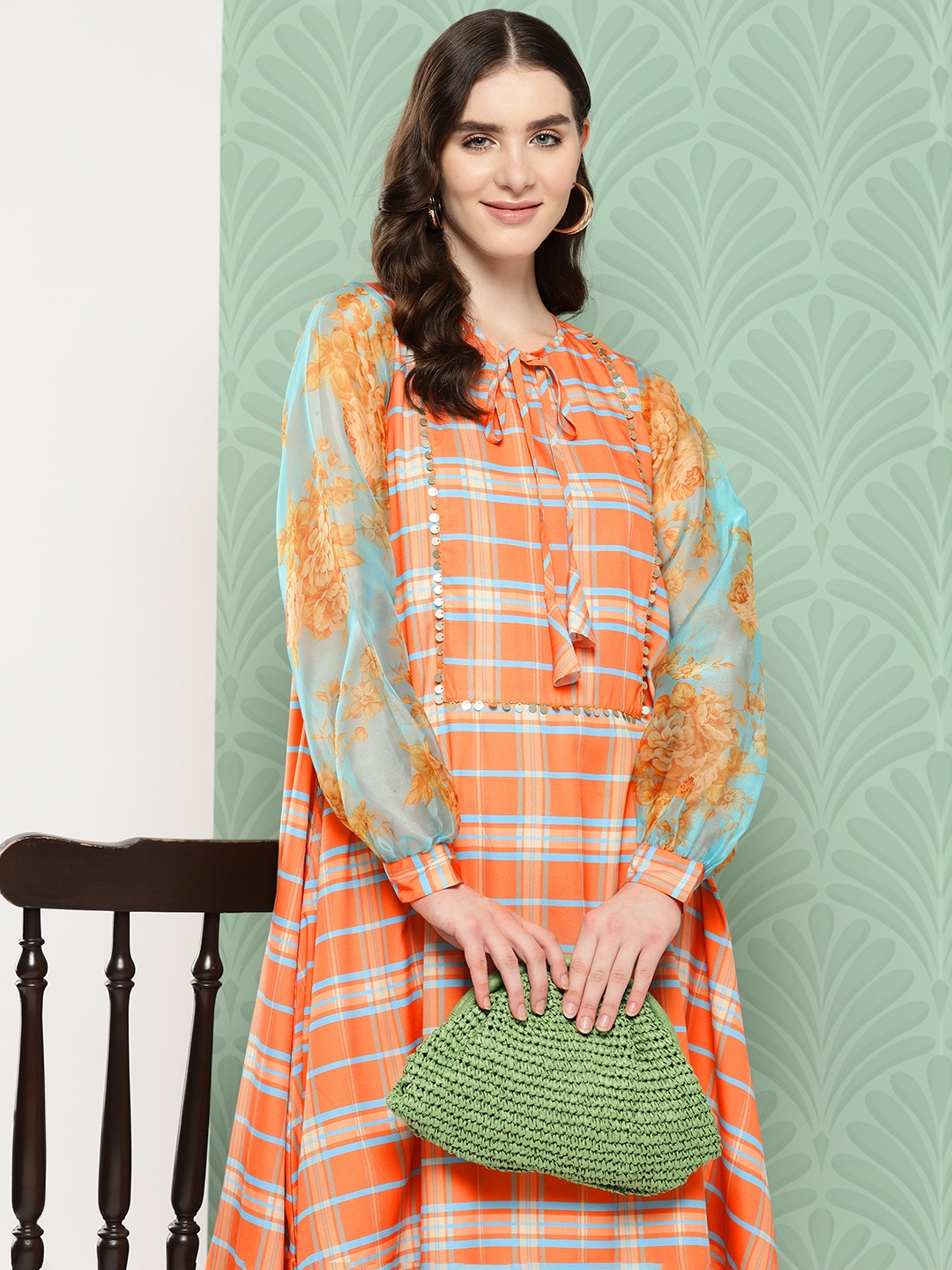 

Ahalyaa Checked Tie-Up Neck Sequined Ethnic A-Line Midi Dress, Orange