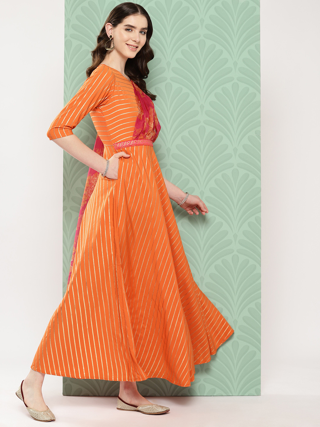 

Ahalyaa Striped Sequined Empire Ethnic Dress, Orange