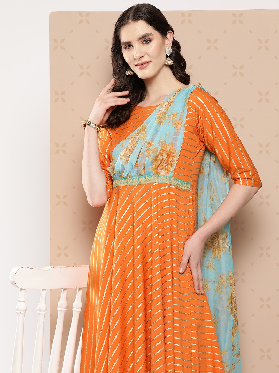 

Ahalyaa Striped Sequined Empire Ethnic Dress, Orange