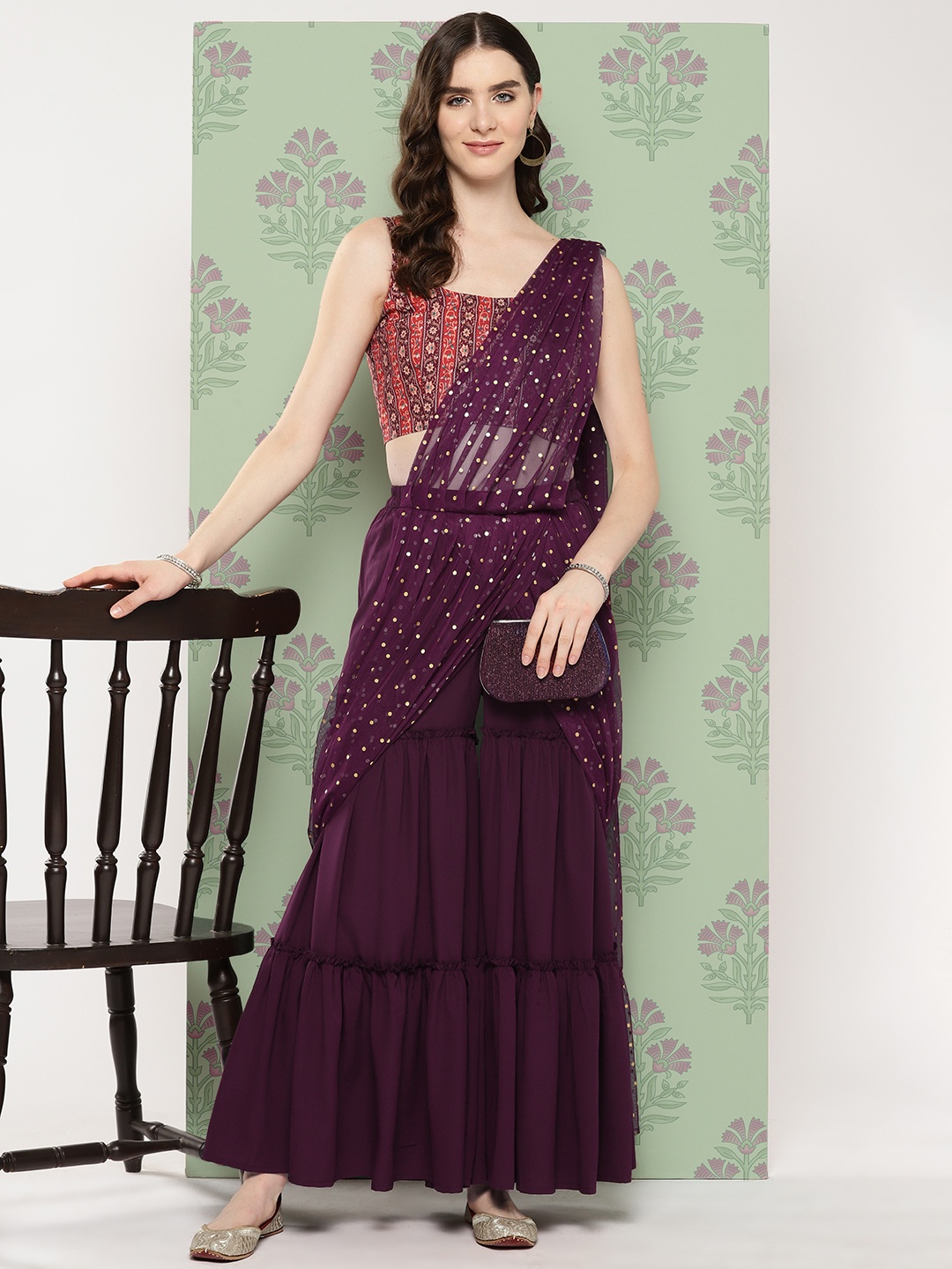 

Ahalyaa Printed Ethnic Co-Ords with Draped Dupatta, Burgundy