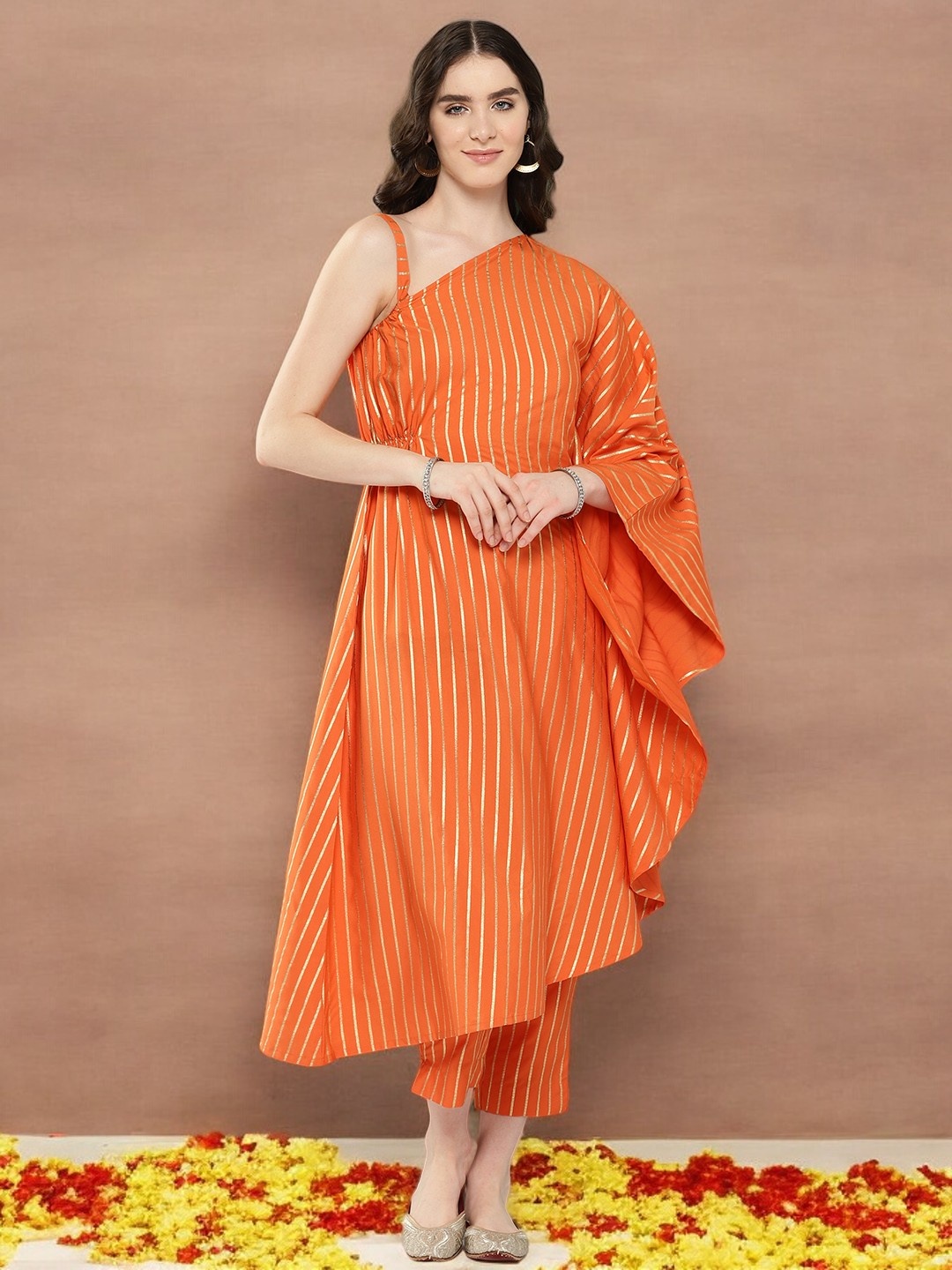 

Ahalyaa Striped One-Shoulder Flared Sleeve Fusion Kurta with Trousers, Orange
