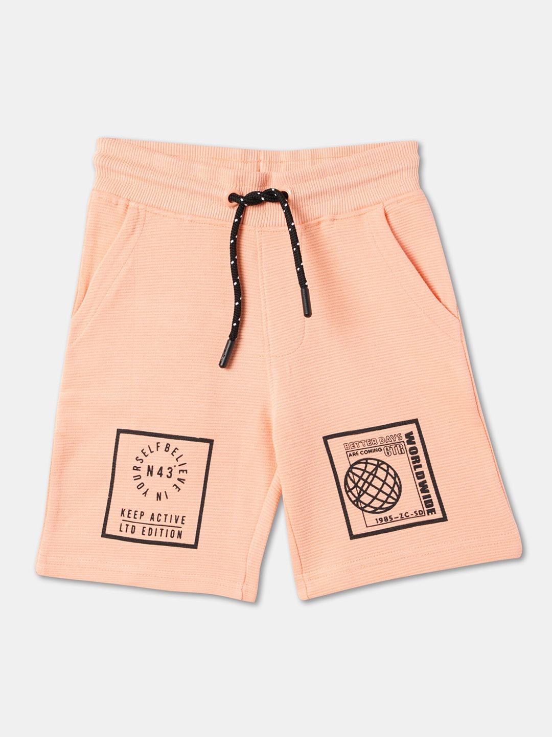 

R&B Boys Typography Printed Cotton Shorts, Peach