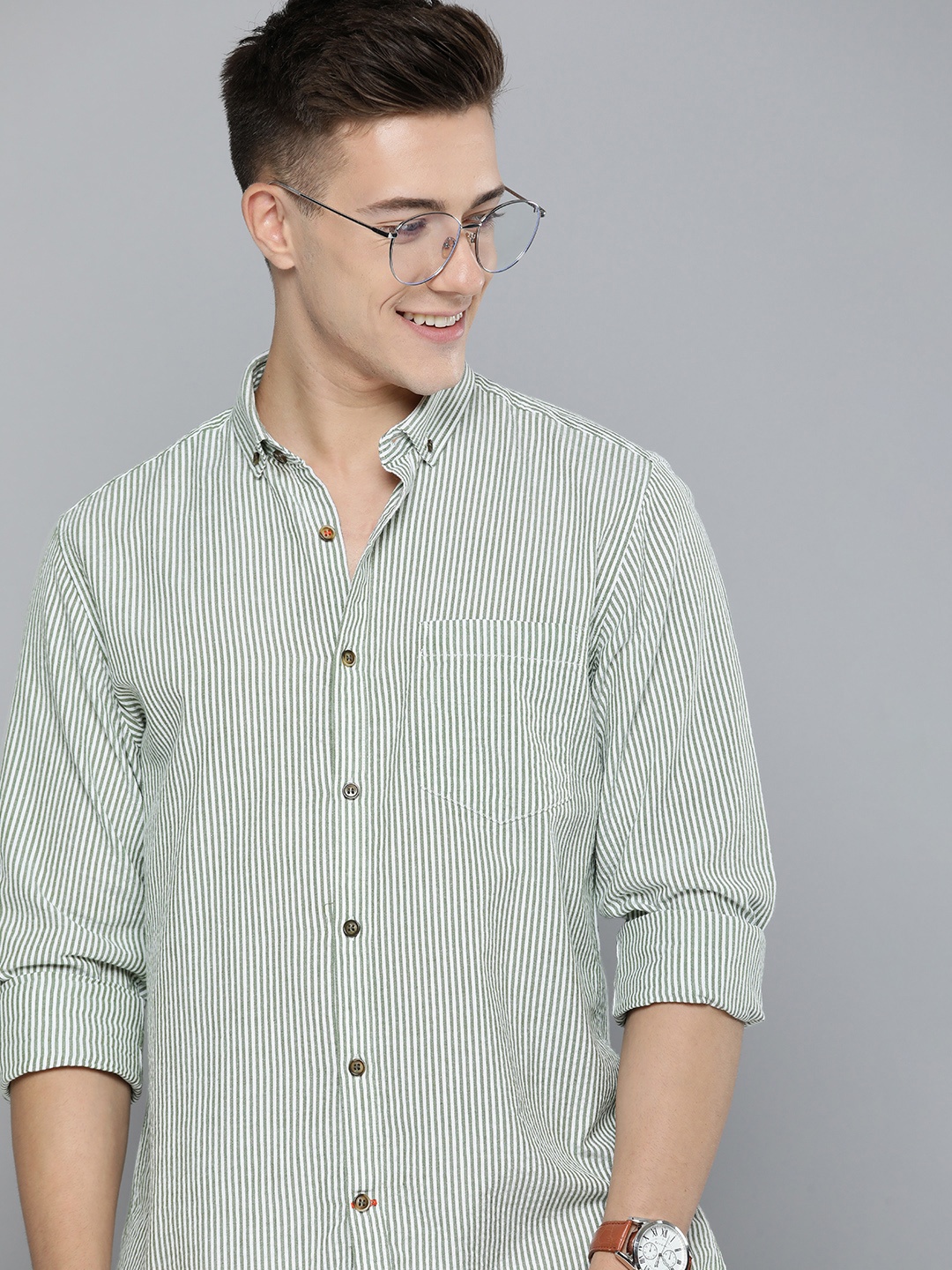 

Mast & Harbour Men Standard Opaque Striped Pure Cotton Casual Shirt, Green