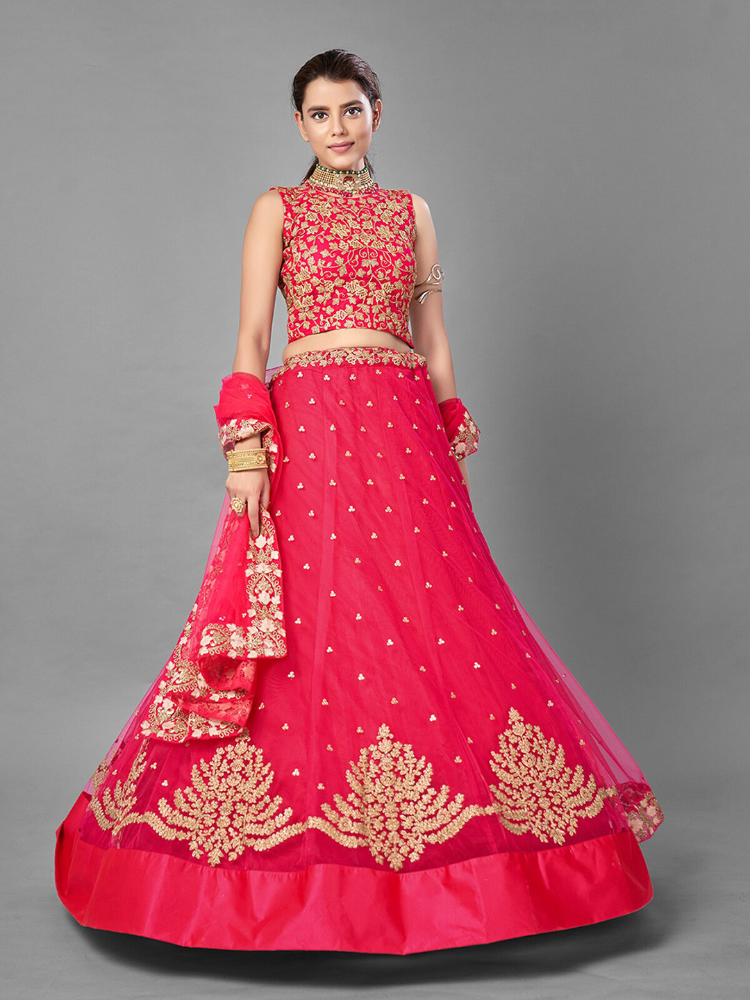 

ODETTE Red & Gold-Toned Embroidered Thread Work Semi-Stitched Lehenga & Unstitched Blouse With Dupatta