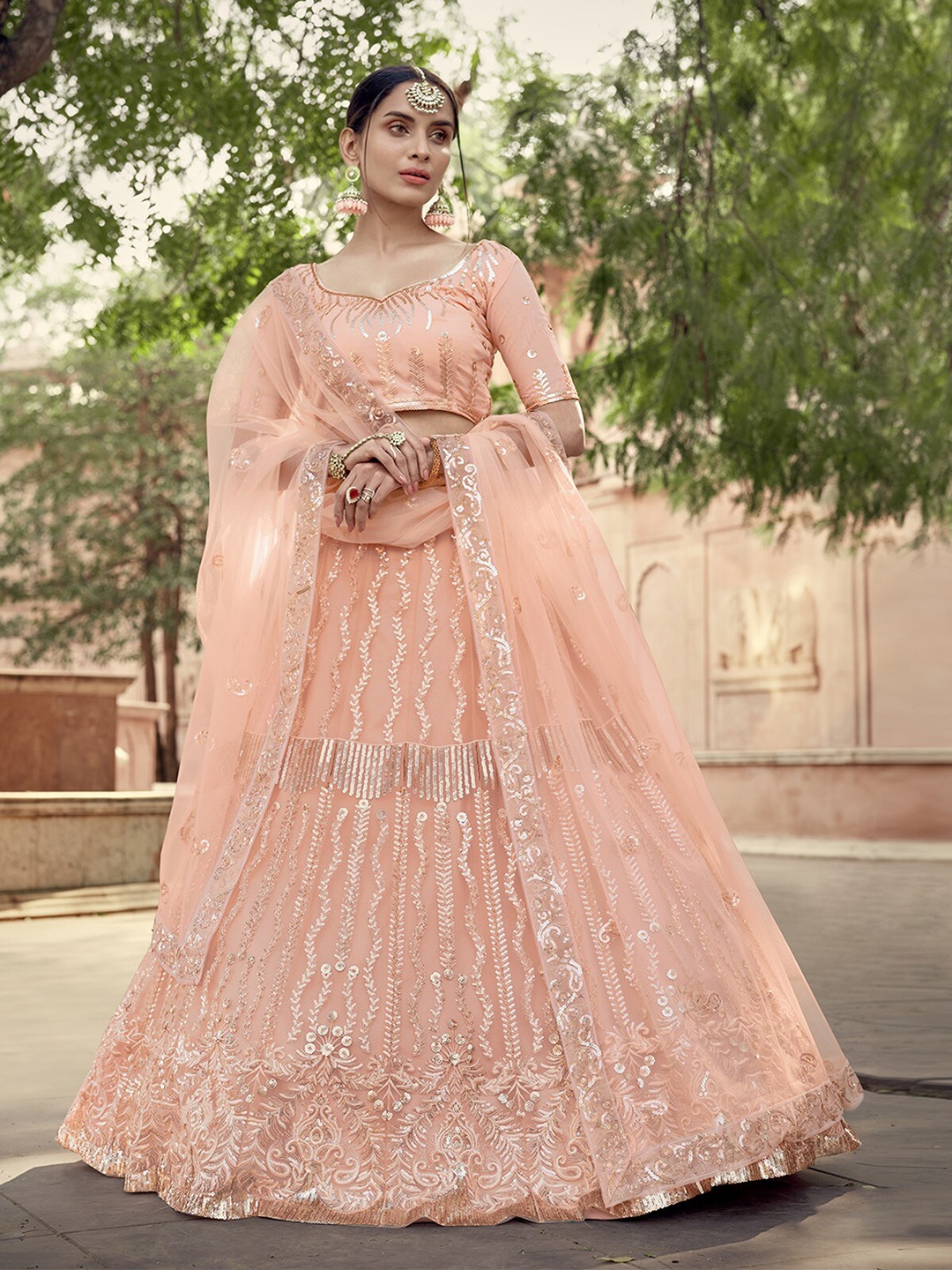 

ODETTE Embellished Sequinned Semi-Stitched Lehenga & Unstitched Blouse With Dupatta, Peach