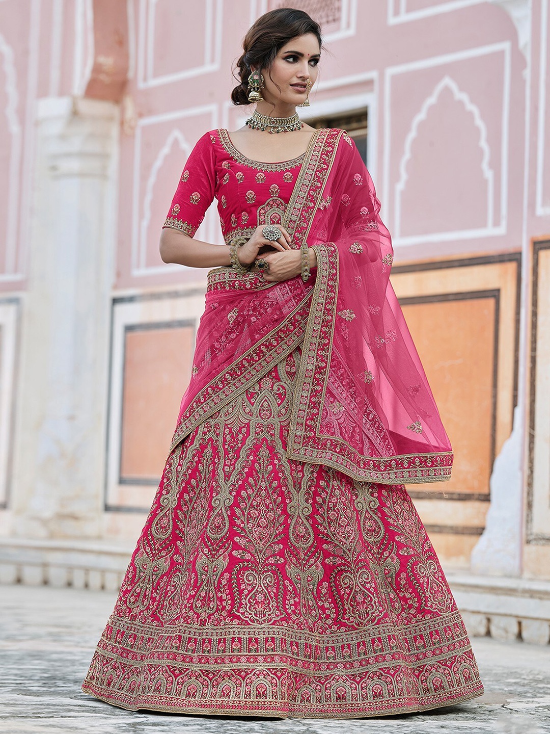 

ODETTE Pink & Green Embroidered Thread Work Semi-Stitched Lehenga & Unstitched Blouse With Dupatta