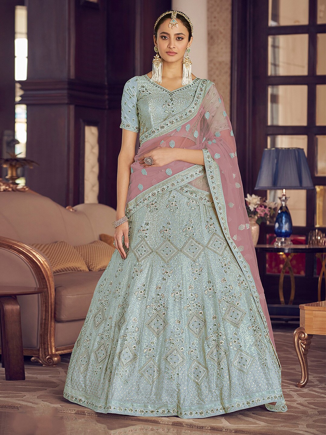

ODETTE Blue & Pink Embroidered Thread Work Semi-Stitched Lehenga & Unstitched Blouse With Dupatta