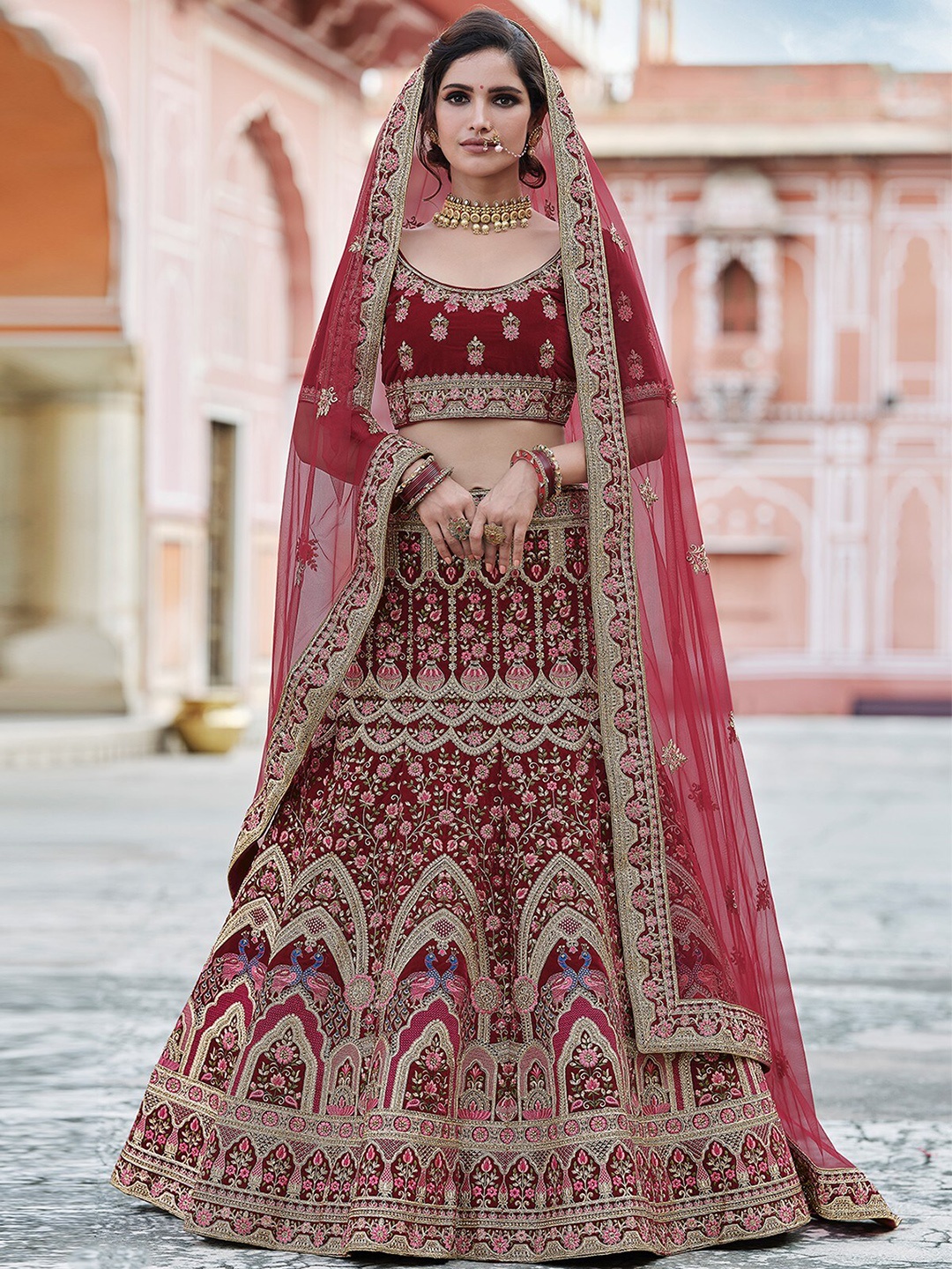 

ODETTE Embroidered Thread Work Semi-Stitched Lehenga & Unstitched Blouse With Dupatta, Maroon