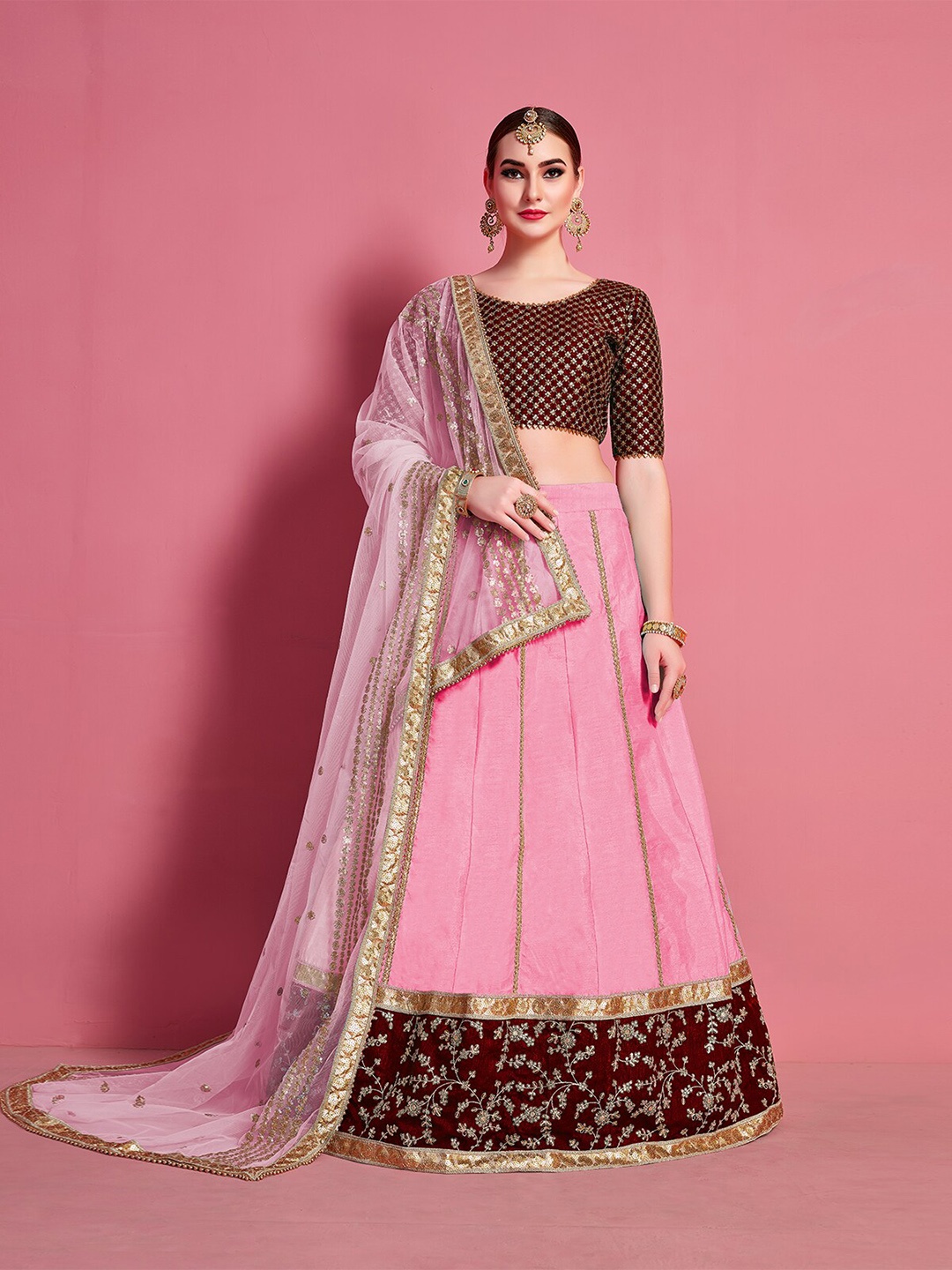 

ODETTE Maroon & Pink Embellished Sequinned Semi-Stitched Lehenga & Unstitched Blouse With Dupatta