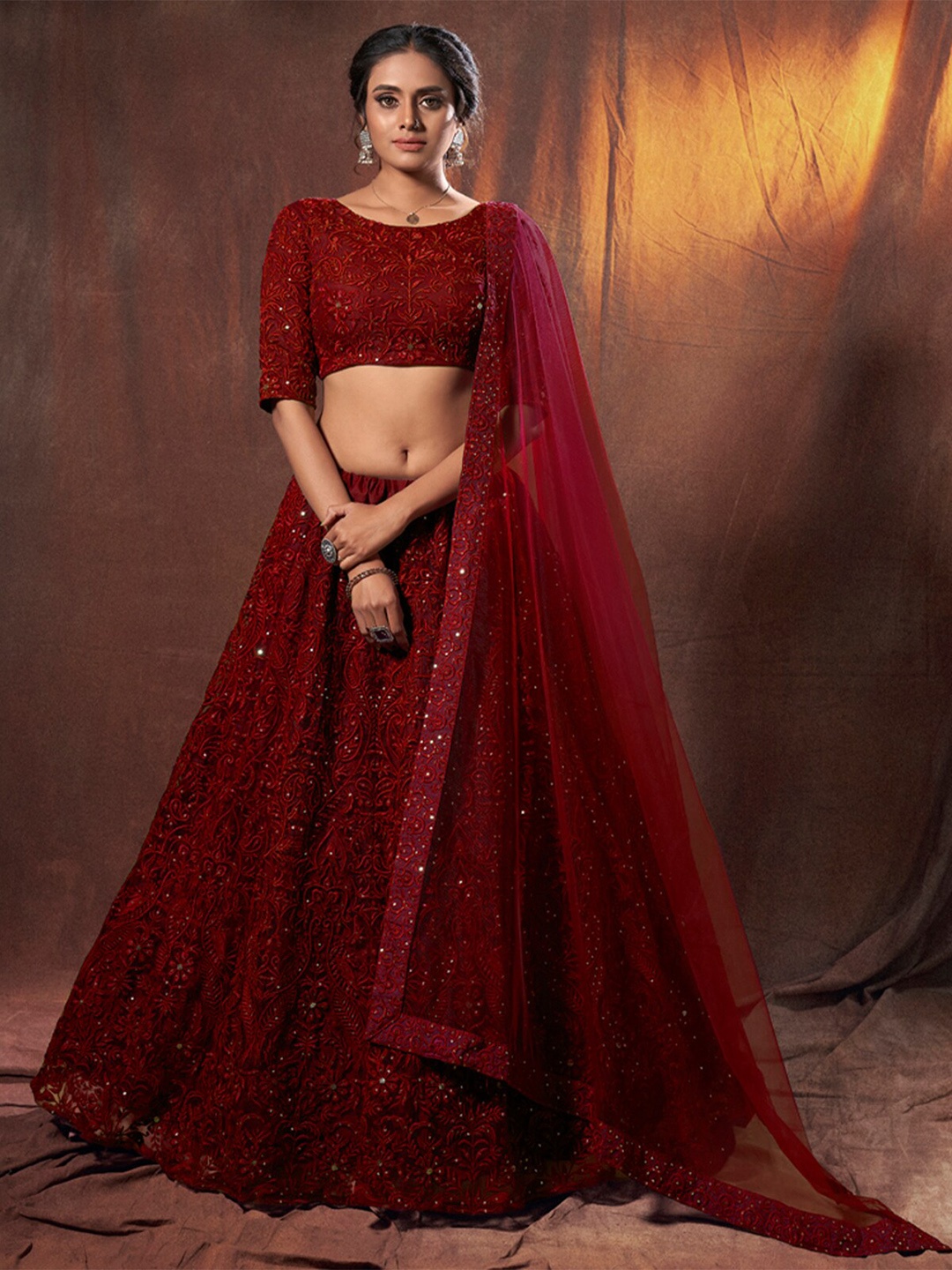 

ODETTE Maroon Embellished Thread Work Semi-Stitched Lehenga & Unstitched Blouse With Dupatta