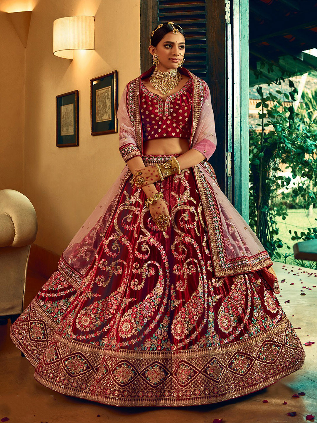 

ODETTE Maroon & Red Embellished Sequinned Semi-Stitched Lehenga & Unstitched Blouse With Dupatta