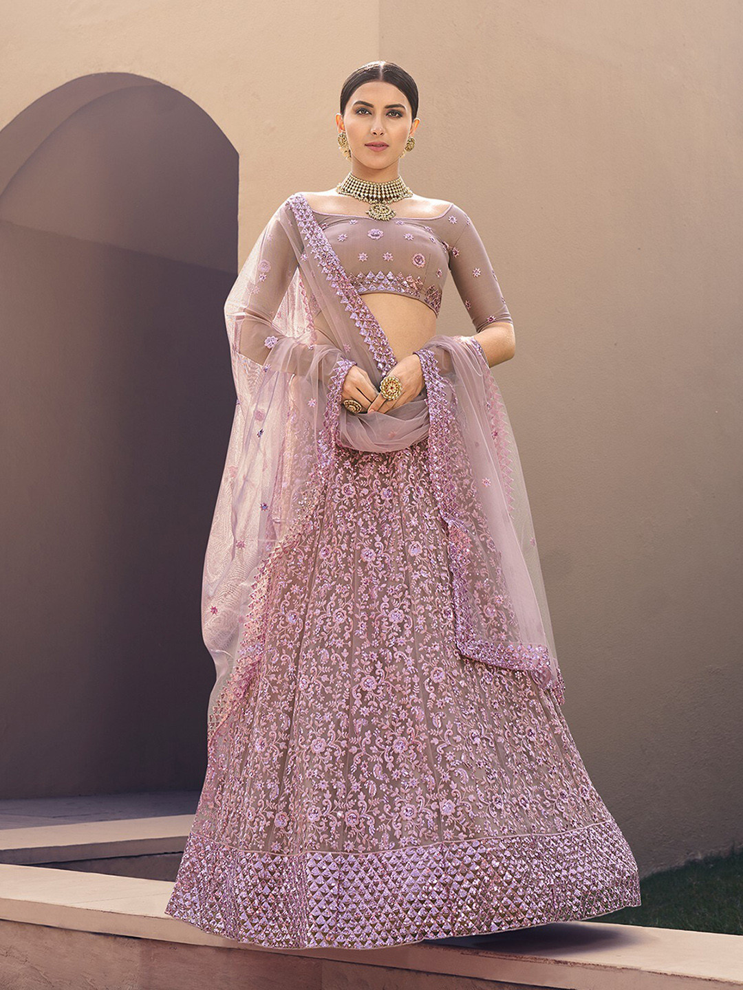 

ODETTE Embroidered Thread Work Semi-Stitched Lehenga & Unstitched Blouse With Dupatta, Pink
