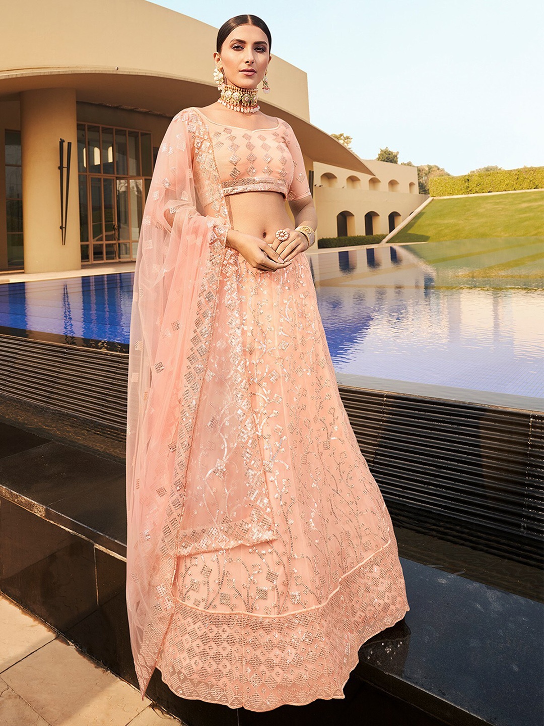 

ODETTE Peach-Coloured & Gold-Toned Embellished Sequinned Semi-Stitched Lehenga & Unstitched Blouse With