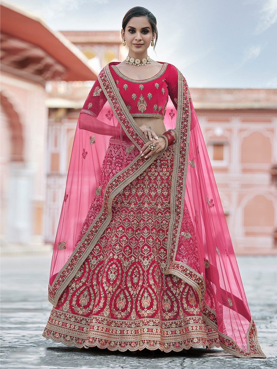 

ODETTE Embroidered Thread Work Semi-Stitched Lehenga & Unstitched Blouse With Dupatta, Pink