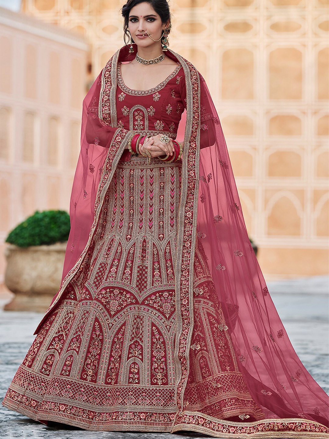 

ODETTE Embroidered Thread Work Semi-Stitched Lehenga & Unstitched Blouse With Dupatta, Maroon