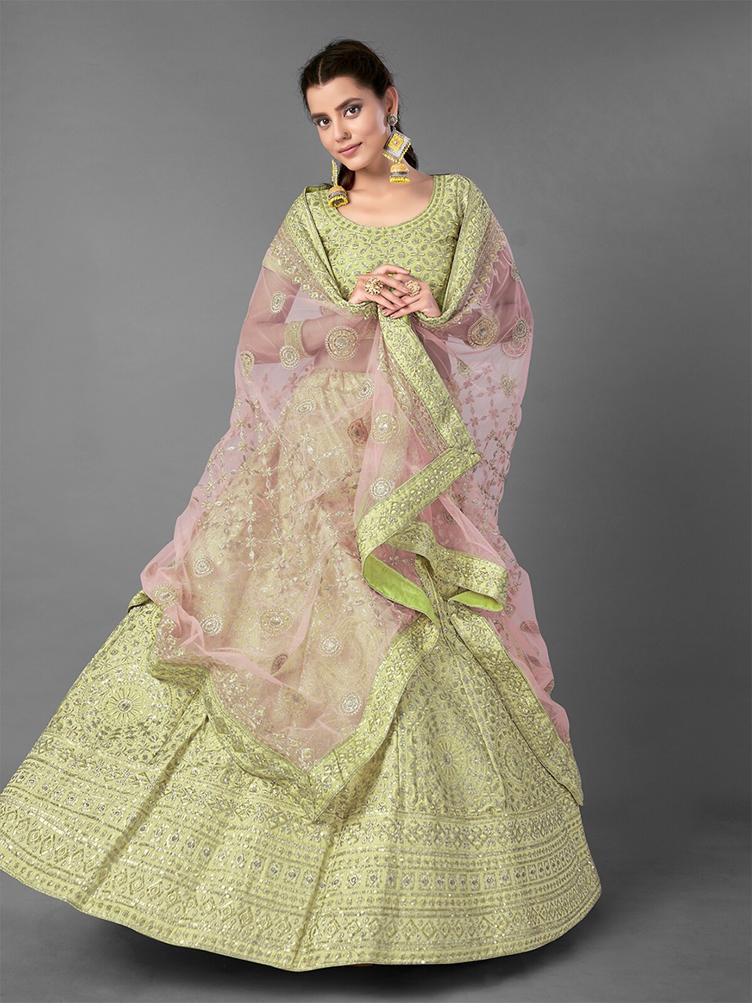 

ODETTE Embellished Thread Work Semi-Stitched Lehenga & Unstitched Blouse With Dupatta, Green