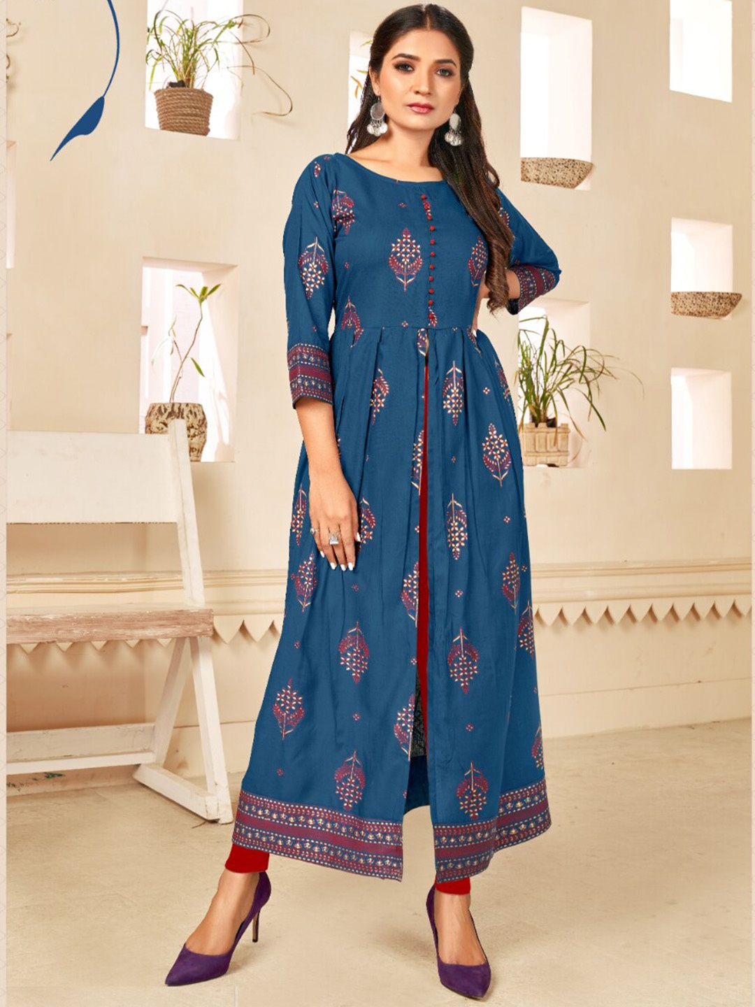 

Angroop Ethnic Motifs Printed Front Open A-Line Kurta, Blue