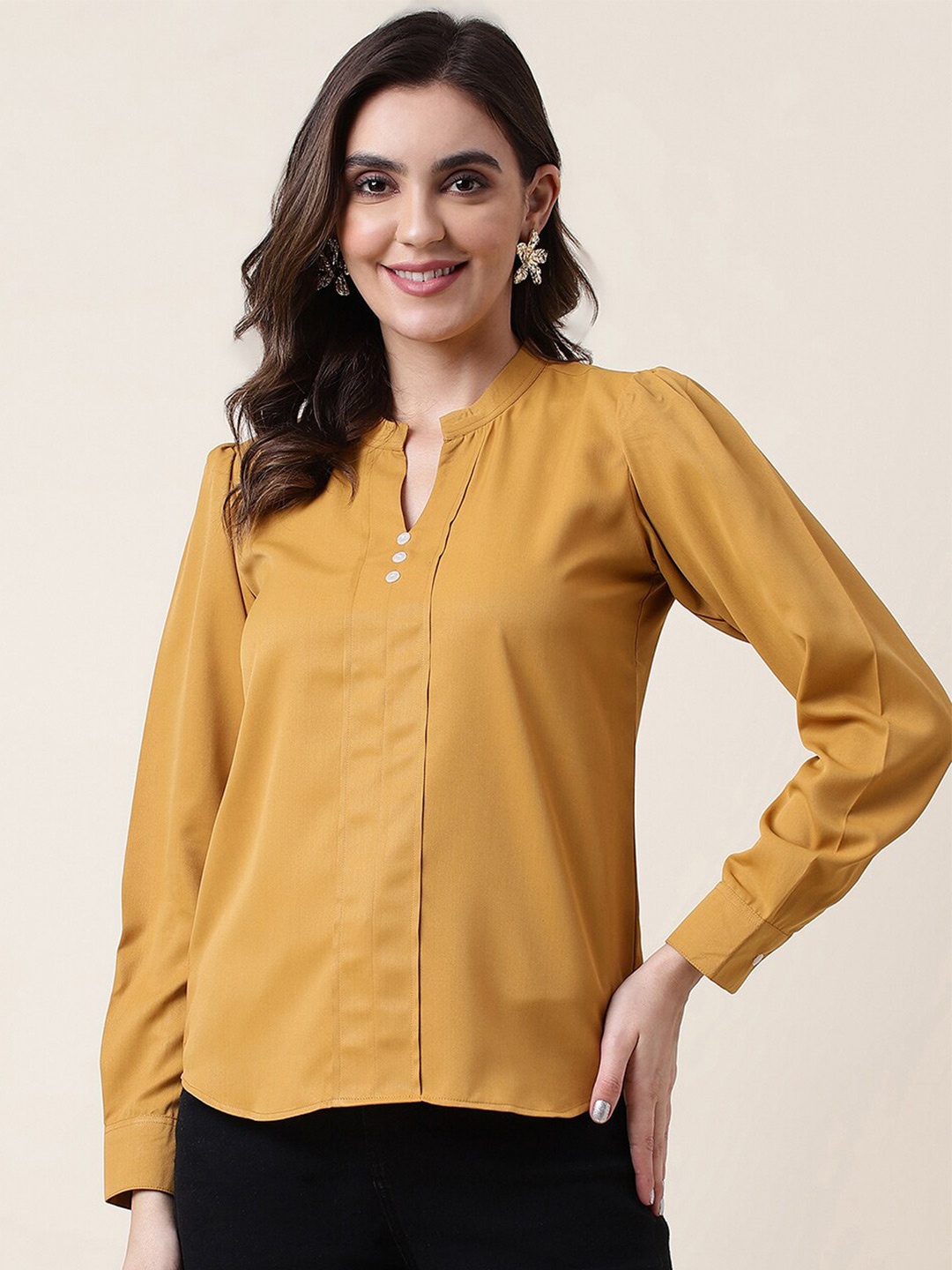 

Selvia Mandarin Collar Casual Shirt, Mustard