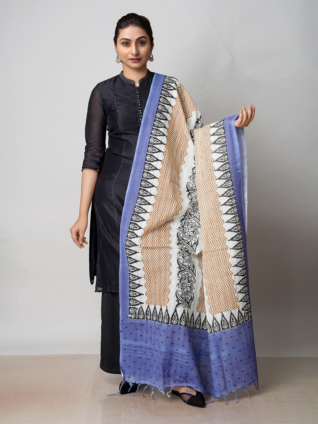 

Unnati Silks Ethnic Motifs Block Printed Pure Cotton Dupatta, White
