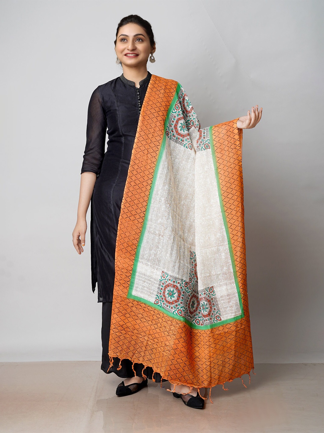 

Unnati Silks Ethnic Motifs Printed Pure Cotton Dupatta, Cream