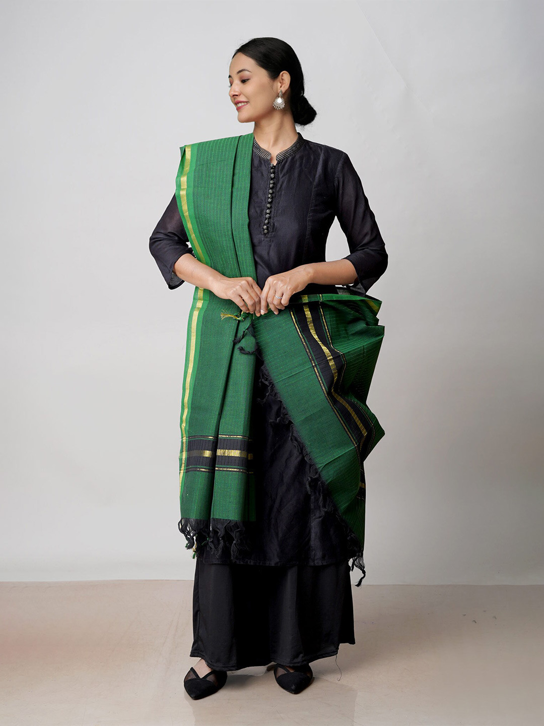 

Unnati Silks Striped Woven Design Pure Cotton Dupatta With Zari, Green
