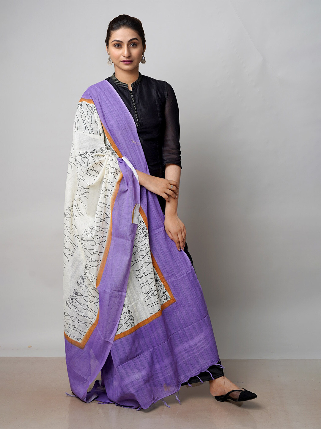 

Unnati Silks Cream-Coloured & Purple Ethnic Motifs Printed Pure Cotton Block Print Dupatta