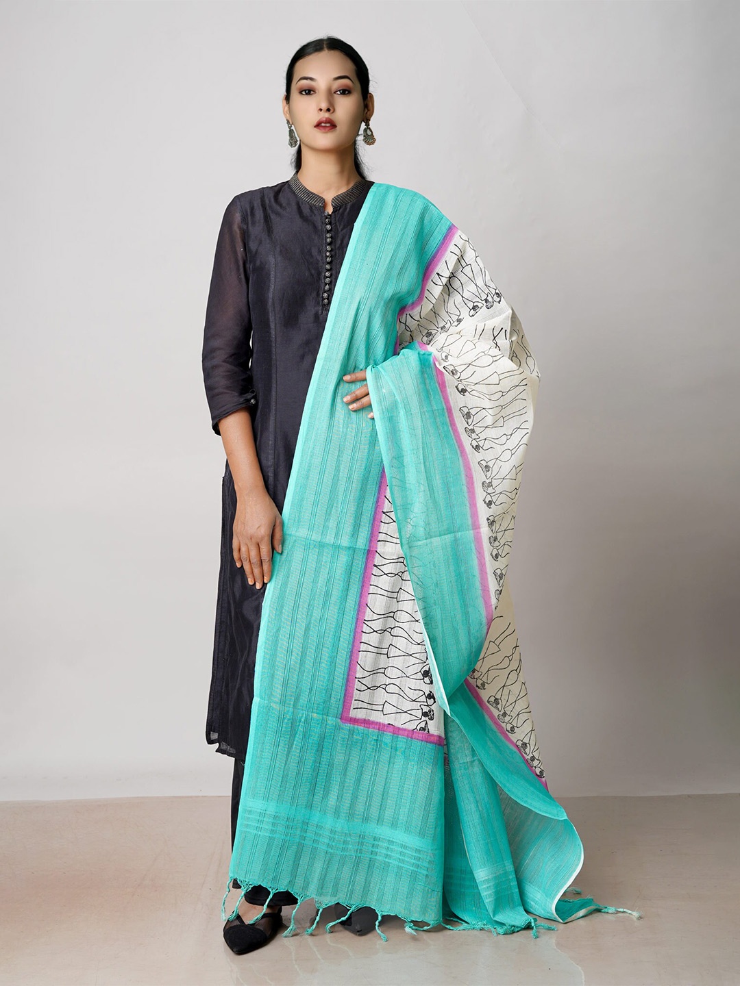 

Unnati Silks Ethnic Motifs Block Print Pure Cotton Dupatta, Cream