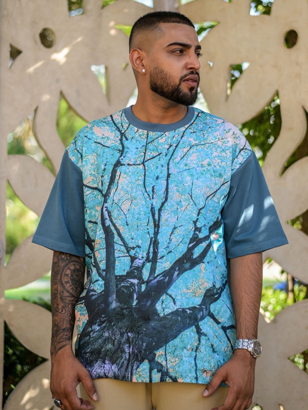

ADDY'S for men Printed Round Neck Linen T-shirt, Grey