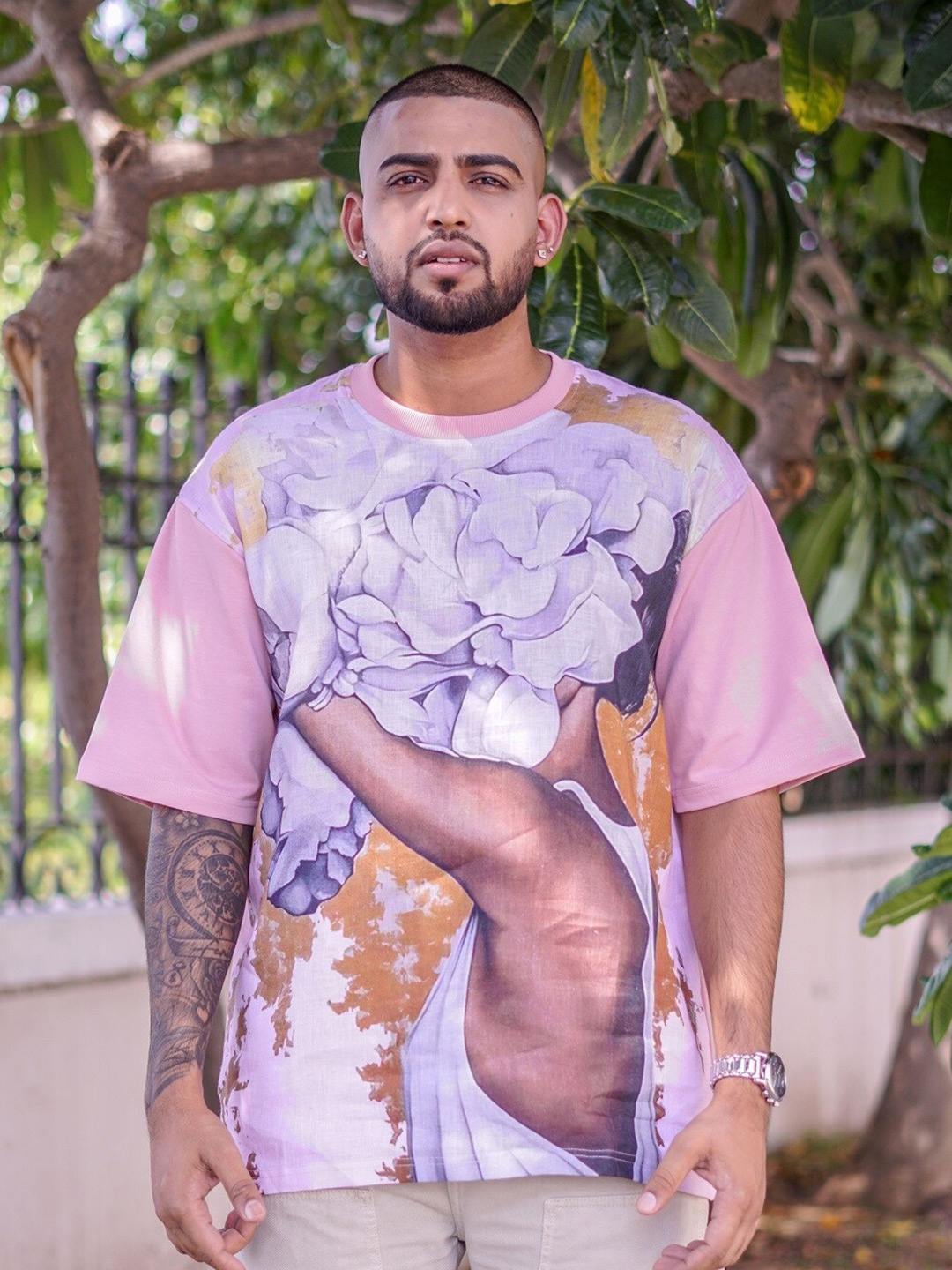 

ADDY'S for men Printed Round Neck Linen T-shirt, Pink