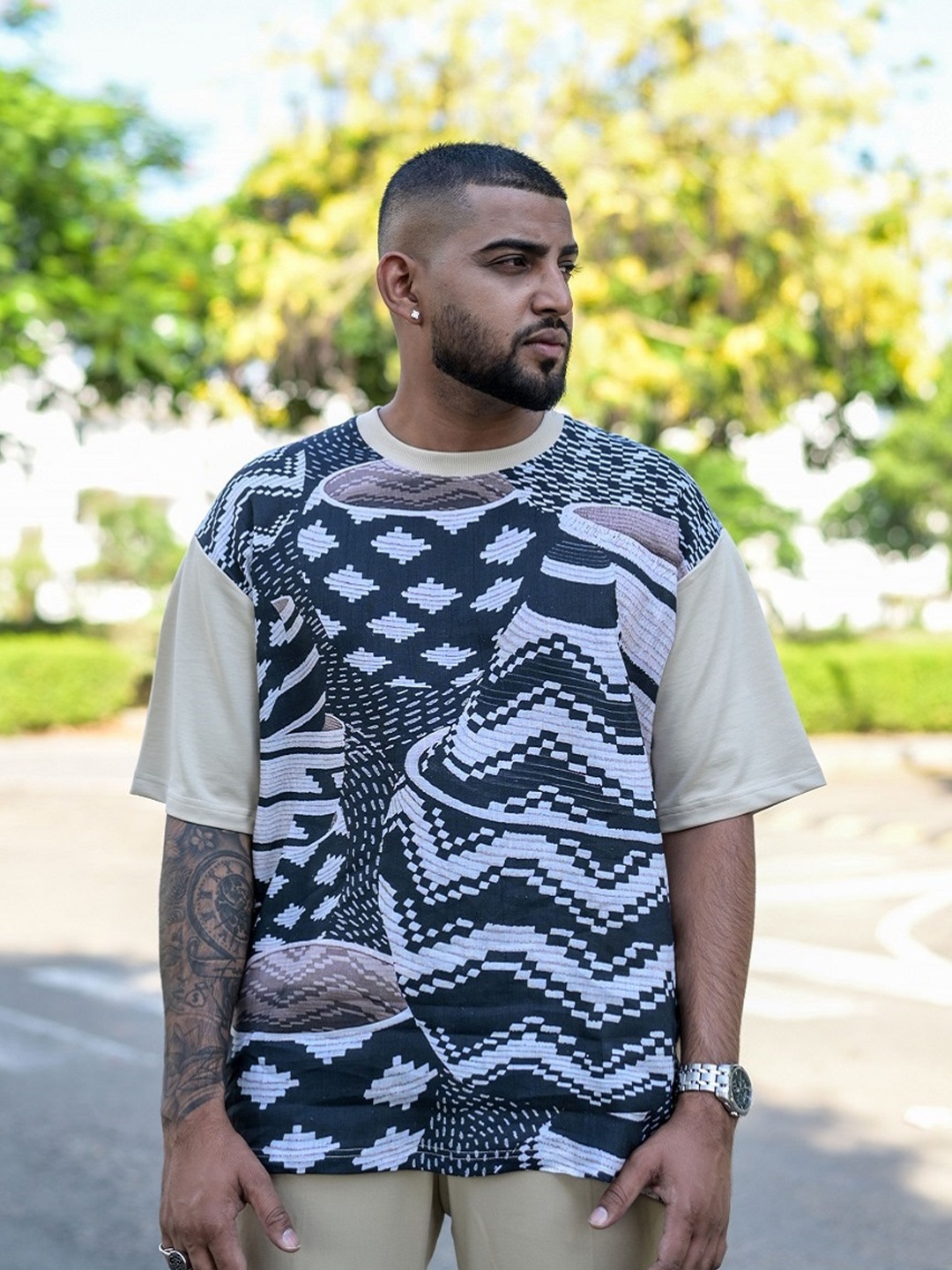 

ADDY'S for men Abstract Printed Linen T-shirt, Cream