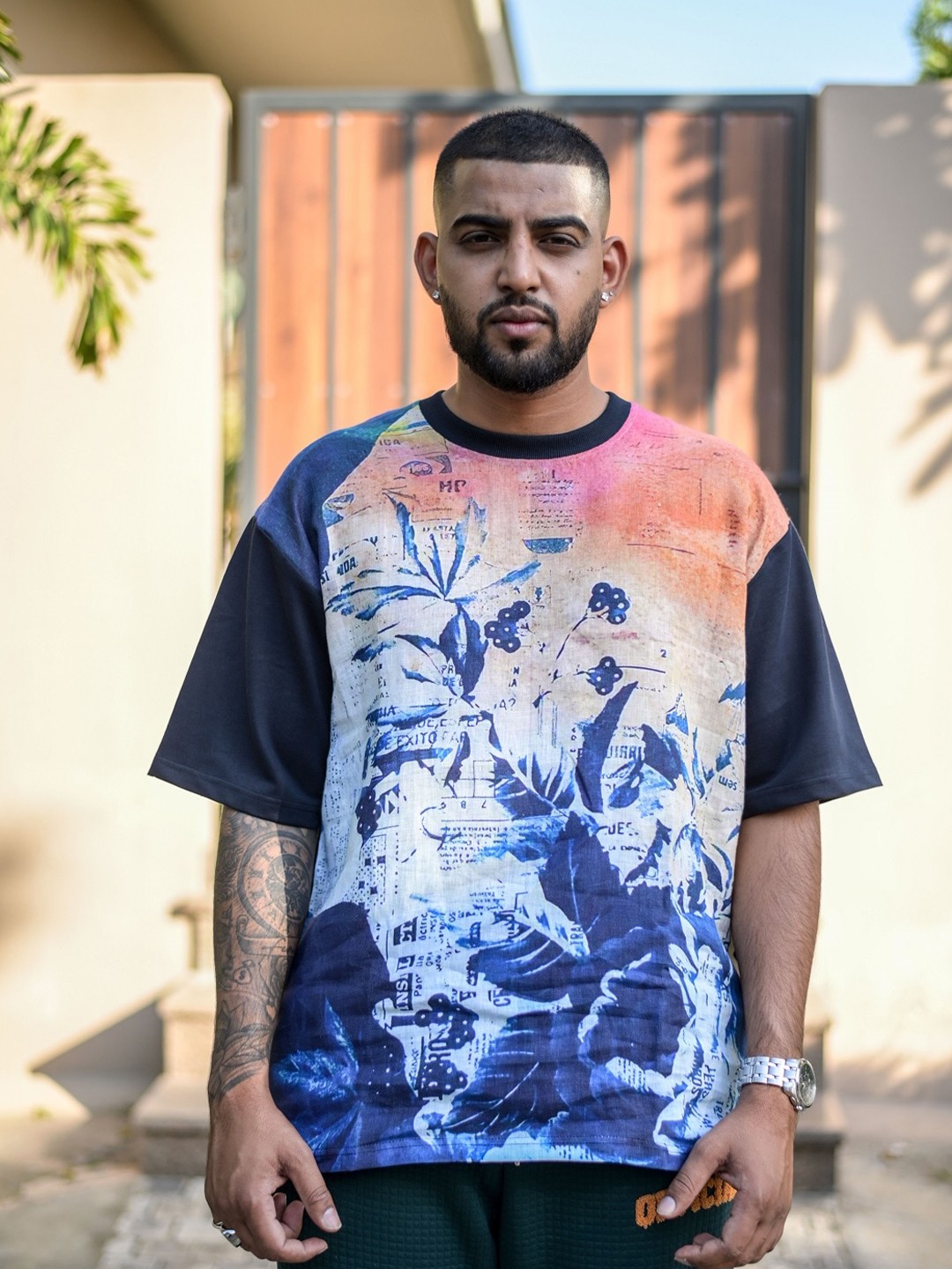 

ADDY'S for men Floral Printed Loose Linen T-shirt, Black