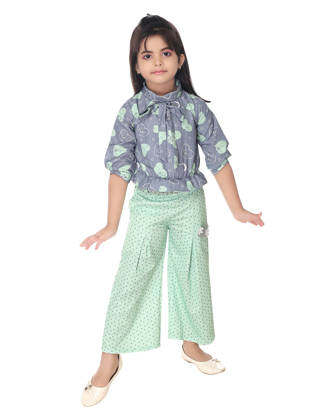 

YK Girls Printed Pure Cotton Top With Palazzos, Grey