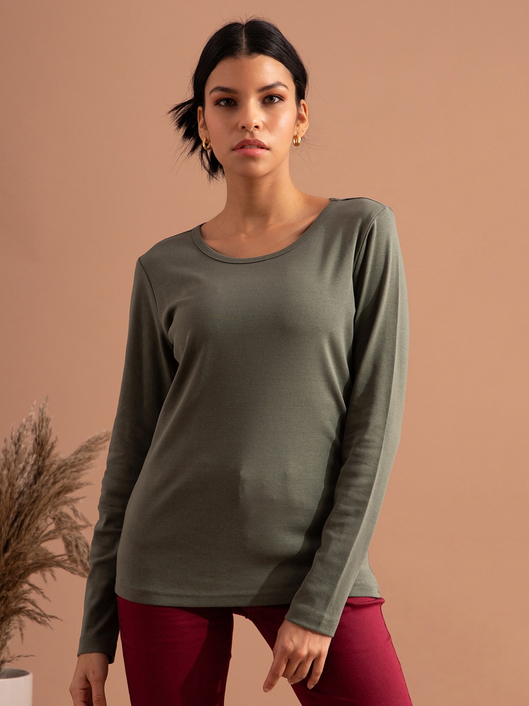 

B.Copenhagen Round Neck Long Sleeve Pure Cotton T-shirt, Olive