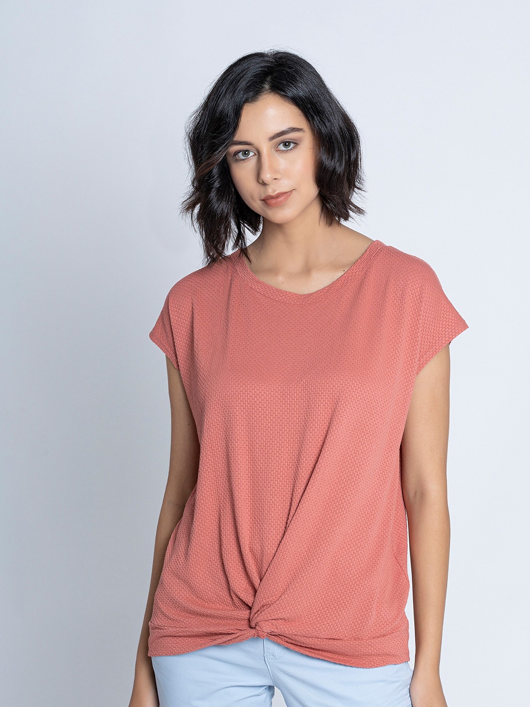 

B.Copenhagen Self Design Extended Sleeves Twisted T-shirt, Peach