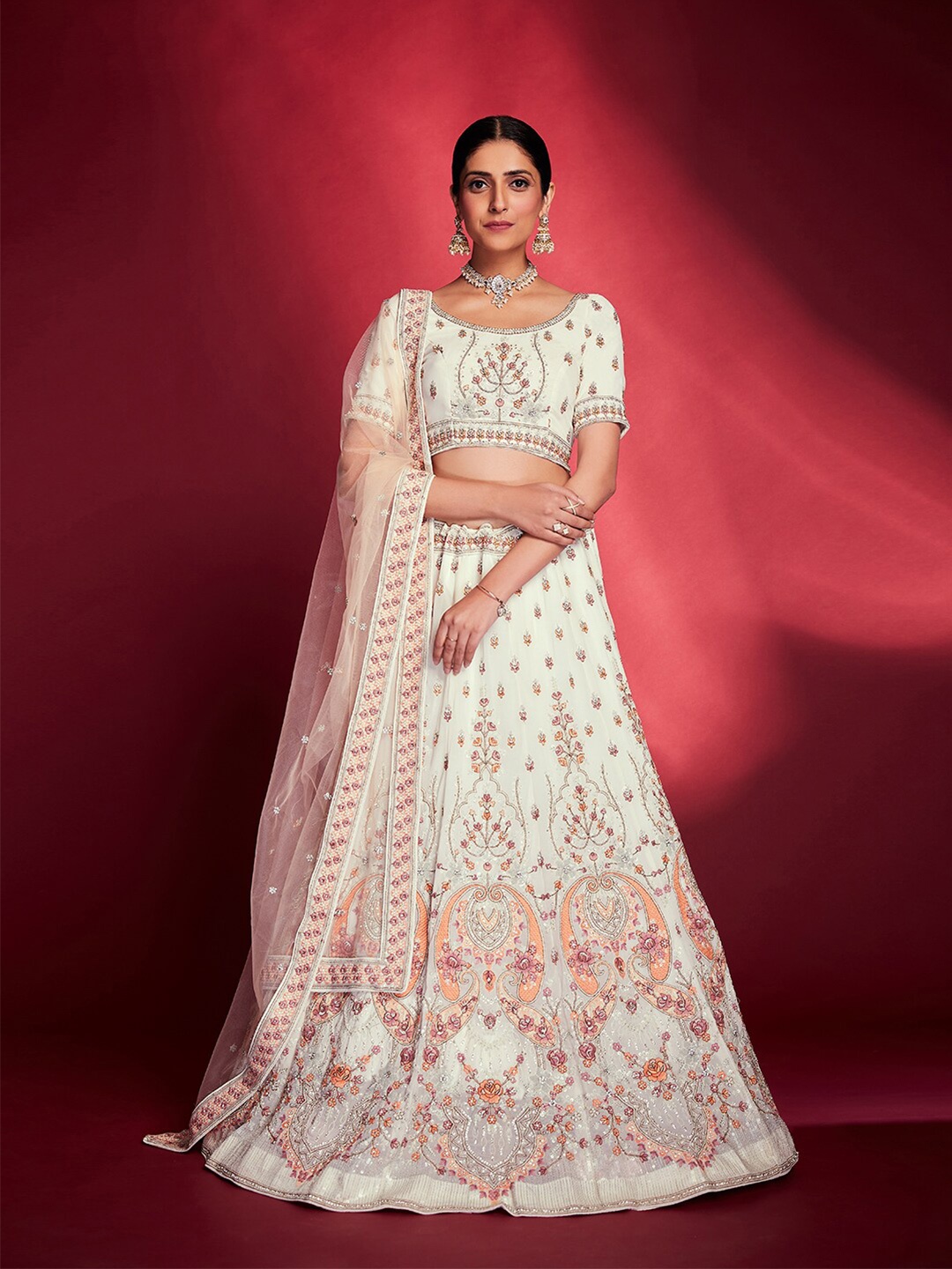 

Fusionic Embroidered Stone Work Semi-Stitched Lehenga Choli With Dupatta, Off white